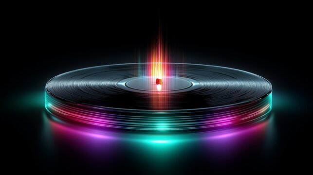 A vinyl record with colorful light beams emanating from its center against a dark background - Powered by Adobe