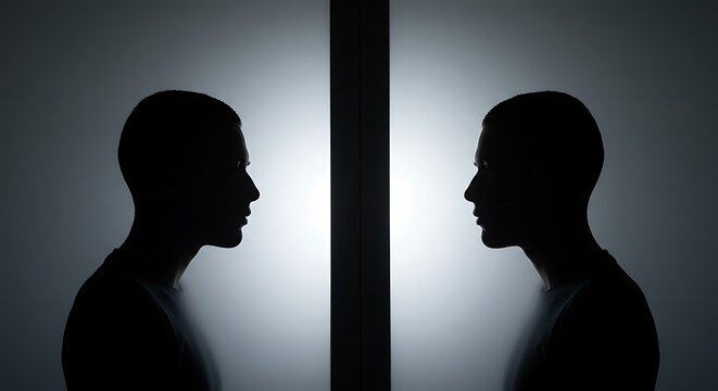Contrasting silhouettes of facing men offer mystery and contemplation in stark monochrome design,Generated Image