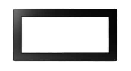 A sleek matte black minimalist digital display frame with ultra-thin bezels, precisely lit against a transparent studio background with copy space, concept of modern technology and design