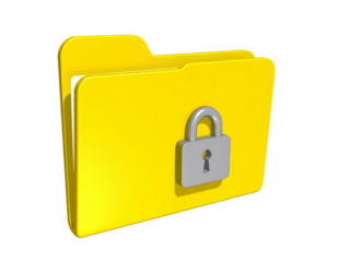 3D Yellow Locked Folder Icon with Padlock, Front View, Transparent Background