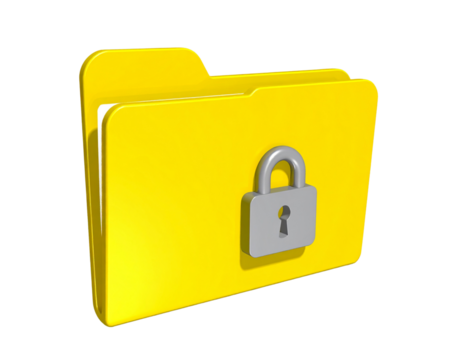 3D Yellow Locked Folder Icon with Padlock, Front View, Transparent Background