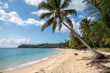 Tropical beach paradise with leaning palm tree and turquoise ocean waters