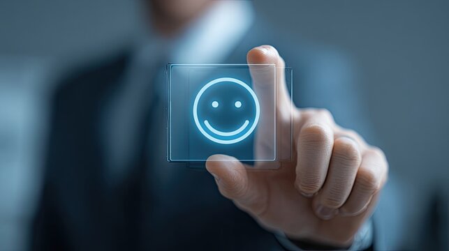 Businessperson interacting with a glowing smiley face interface