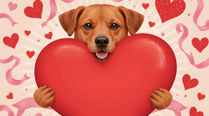 Happy dog holds big red heart with love-themed decorations in the background during a festive celebration