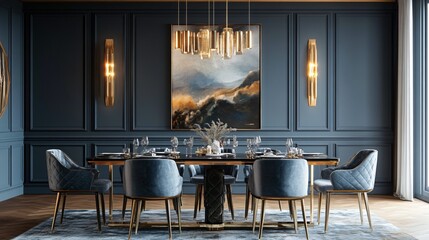 Dining room with table chairs painting wall lights and window in elegant style.