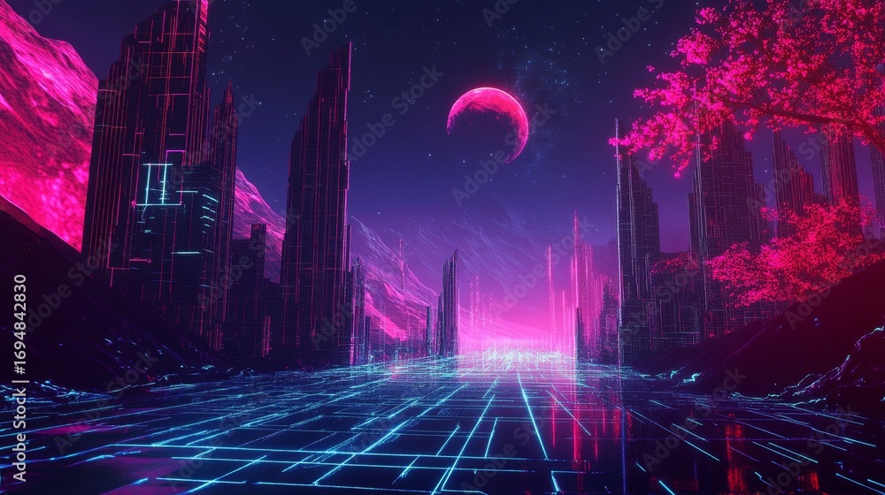 Poster exploring a cyberspace landscape with interconnected grids digital realm visual art futuristic envir
