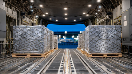 Wide-angle interior view of aircraft cargo bay filled with pallets wrapped in netting, heavy steel rails guiding containers, industrial lights glowing softly above