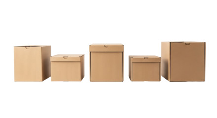 Five unsealed, unadorned recycled cardboard boxes with subtle size variations in a linear formation on a transparent background, soft studio light, sustainable packaging concept