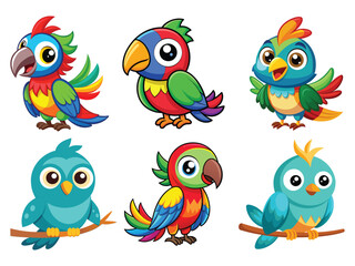 Colorful Cartoon Parrot and Bird Vector Set