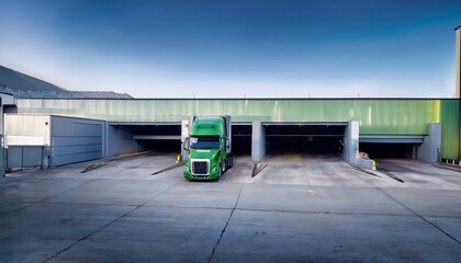 green big rig semi truck with trailer standing in the warehouse dock gate