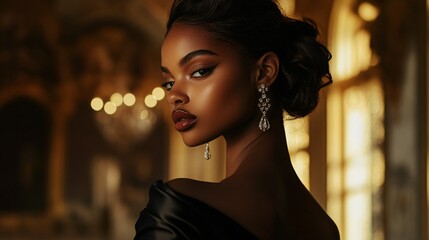 Woman with dark skin in formal attire with ornate background.