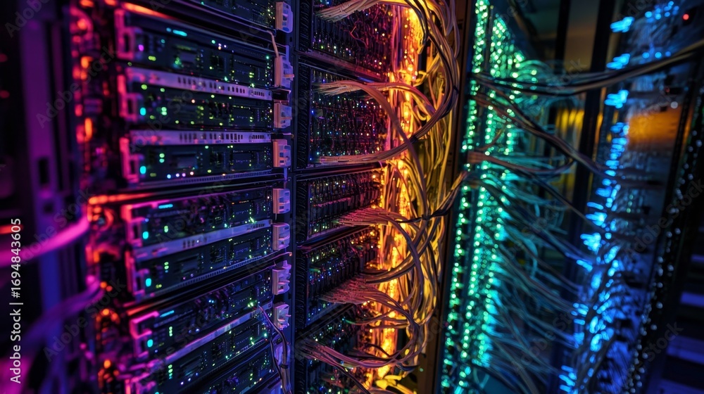Aufkleber exploring the intricacies of a high-tech server rack in a modern data center closeup view technology