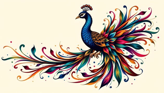 a vibrant peacock in full plumage striding across a background adorned with colorful feather patterns. - Powered by Adobe