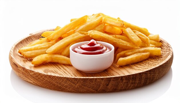 wooden plate of delicious french fries with ketchup on white background