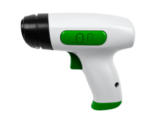 Angled Side Perspective of Barcode Scanner with Illuminated Green Button, Isolated