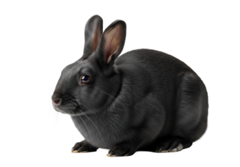 A sleek, mature, deep charcoal grey rabbit crouched low, pricked ears, piercing amber eyes gazing intently on a pristine transparent studio background with soft illumination, concept of innate animal