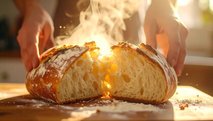 Freshly baked artisan bread, steaming hot, being held