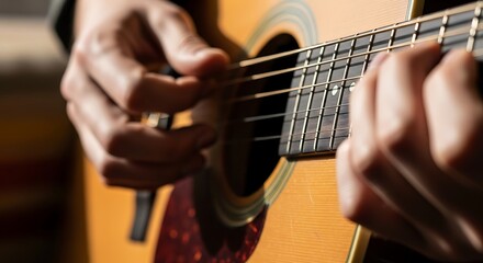 Obraz premium Close up of skilled hands playing acoustic guitar strings demonstrating musical performance passion and creative expression in a warm inviting light