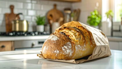 Freshly baked bread in a brown paper bag on a kitchen counter