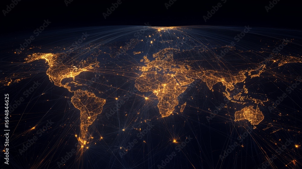 Poster global connectivity aerial digital network map with glowing lines enhancing cyber infrastructure wor
