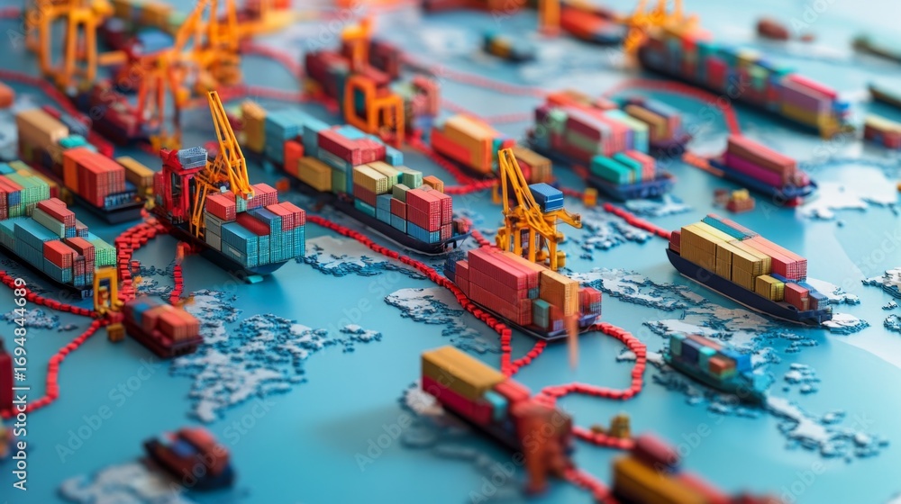 Poster global trade network visualization 3d model of key trade routes for informative seo impact