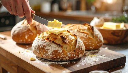 Freshly baked loaves of artisan bread, butter being spread on one