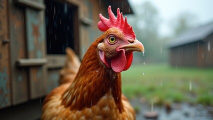 Wet chicken with startled expression standing beside rustic henhouse in rain, capturing the interplay of nature and emotion for animal welfare content.