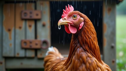 Close-up of a rain-soaked chicken with drops on its beak beside an old henhouse, capturing the essence of rural life and the impact of weather on animals for stock photo use.