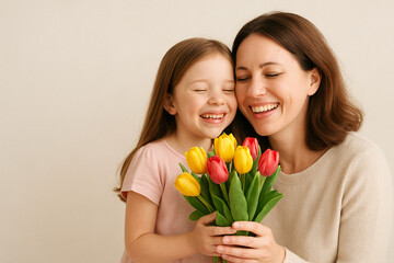 Mother and Daughter with Tulips - Joyful Family Moment and Spring Celebration