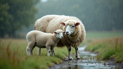 Sheep and lamb huddled together in gentle rain on lush pasture, creating a cozy atmosphere for nature photography and animal welfare awareness.