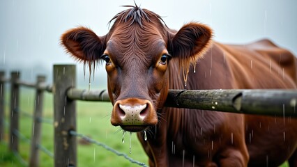 Close-up of a wet cow standing by a wooden fence with rain droplets falling, capturing the beauty of rural life in a stormy atmosphere for agricultural or environmental awareness.