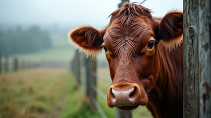 Close-up of a brown cow with glistening fur resting against a weathered wooden fence, serene countryside background with gentle daylight, perfect for animal welfare awareness and rural imagery.