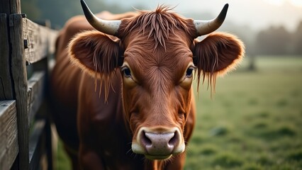 Close-up of a rain-soaked brown cow standing near a cracked wooden fence in muted dawn light, illustrating rural tranquility and animal welfare themes for stock photo use.