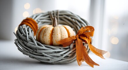 Small pumpkin in a grey wicker wreath