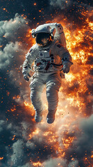 Fototapeta premium Astronaut navigating a swirling dusty cosmic storm, surrounded by glowing particles and space debris, evoking isolation and adventure in outer space.