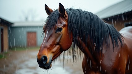 Close-up of a wet horse with a flowing mane in the rain at a stable, capturing emotional atmosphere for animal care awareness and nature photography.