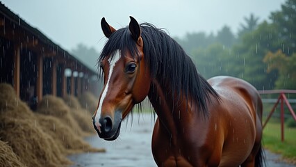 Soaked brown horse shaking its mane in rain near stable yard with hay, capturing emotional resilience in nature for animal welfare storytelling.