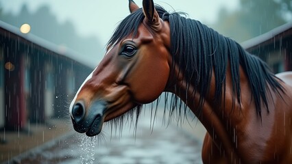Close-up of horse shaking wet mane in stable yard under pouring rain, dramatic scene illustrating animal resilience and climate impact for agricultural awareness campaigns.