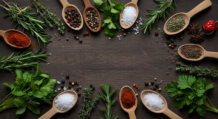 Assorted fresh herbs and spices including rosemary parsley coriander thyme basil cumin oregano and star anise arranged on wooden spoons around a dark wooden surface with salt pepper paprika 