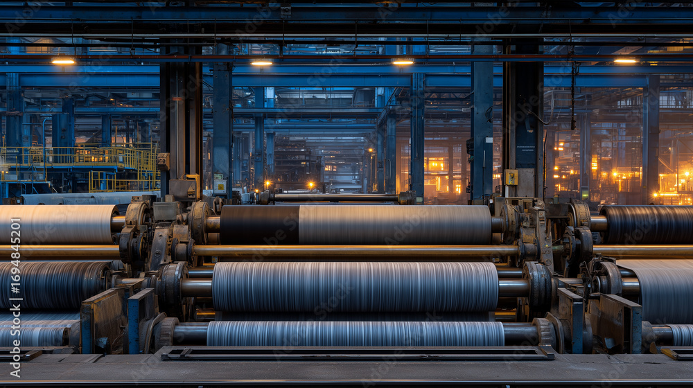 Poster large cylindrical rollers covered in worn textures, steel framework surrounding them, ambient glow o