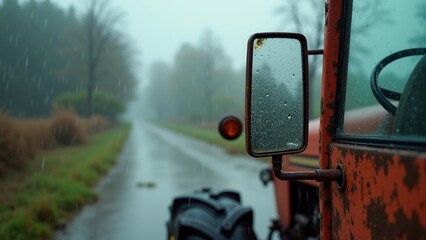 Raindrops splashing on rusty tractor's side mirror with blurred rural landscape, evoking a moody atmosphere for stock photography use in environmental awareness or rural life themes.