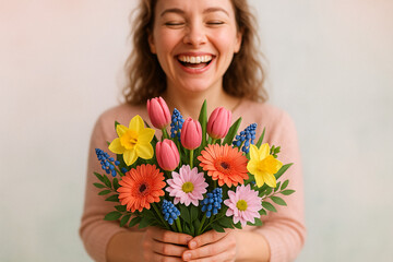 Woman Smiling with Floral Gift - Joyful Moment of Giving and Receiving Flowers