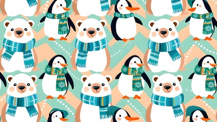 Polar Bear & Penguin Friends Winter High-End Textile Studio Seamless Pattern / 