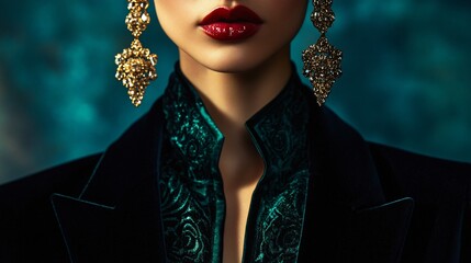 Woman with red lips wearing ornate earrings and dark green velvet jacket.