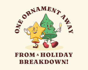 Christmas Groovy Santa Star Tree Topper Retro Comic Characters. Cartoon Xmas Personage T-shirt Illustration. Vector Winter Holiday Mascot Template Background. Happy Vintage Cool Drawing Isolated