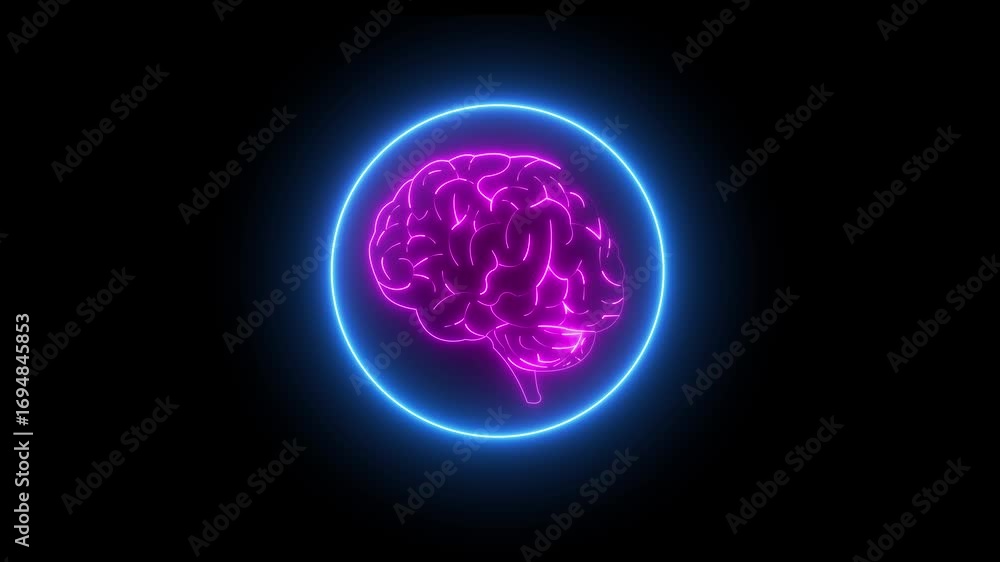 Poster neon brain icon animation with neon circle. abstract circuit brain animation .neon brain organ icon,
