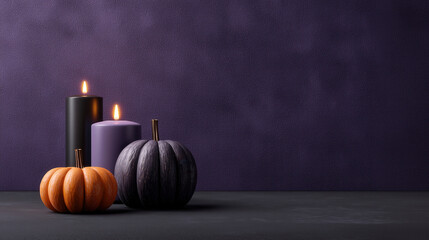 Halloween background with copy-space for text in minimal style, pumpkins and candles, purple and orange color tone.