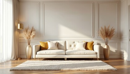 Modern living room interior features cream tufted sofa with yellow accent pillows, complemented by plush white rug, elegant floor lamp. Tall vases with pampas grass flank sofa, adding touch of