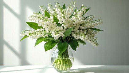 Fototapeta premium Large bouquet of lily of the valley flowers in clear glass vase. White blooms symbolize purity, innocence, and spring. Delicate, fragrant blossoms on white surface with soft light.