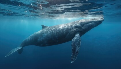 Naklejka premium Majestic gray whale glides through clear blue ocean water near surface. Sunlight beams filter down, illuminating massive marine mammal in natural deep sea habitat. Graceful creature swims peacefully